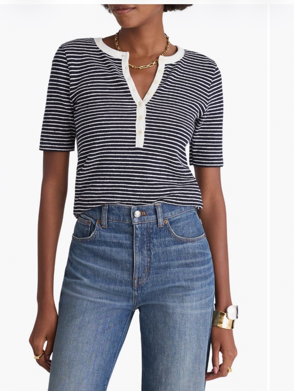 Madewell Stripe Elbow Sleeve Henley in Navy
